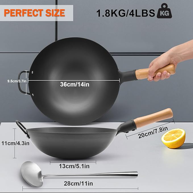 WANGYUANJI Iron Wok, 14.17 inch Traditional Round-Bottom Wok, Chef’s Professional Stir-Fry Pan with Wooden Handle, Chemical-Free Iron Wok for Gas Stoves and Round-Bottom Induction Stovetop