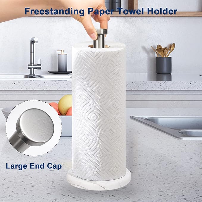NearMoon Standing Paper Towel Holder, Kitchen Paper Towel Tissue Holder- for Bathroom Kitchen Countertop, Standard or Jumbo-Sized Roll Paper (with Marble Base, Brushed Nickel)