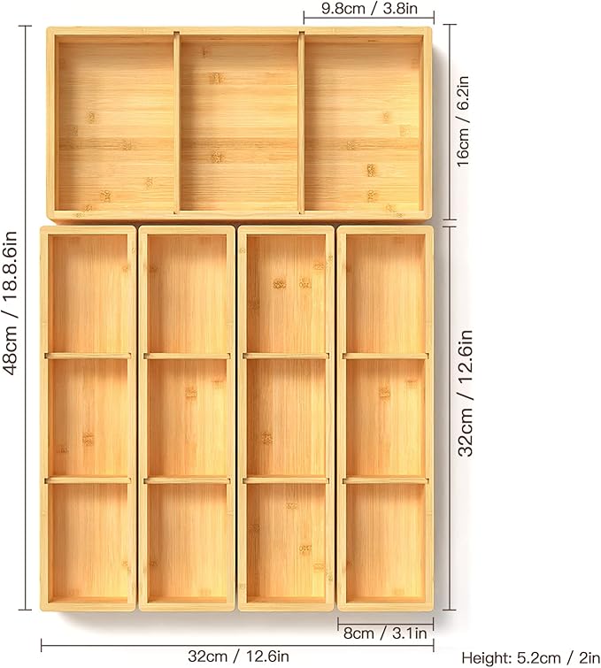 5 pieces Bamboo Drawer Organizer, Adjustable 3 Individual Junk Drawer organizer for Bathroom and Kitchen, Wood Drawer Organier Boxes for Jewellery, Make up and Tea Bag