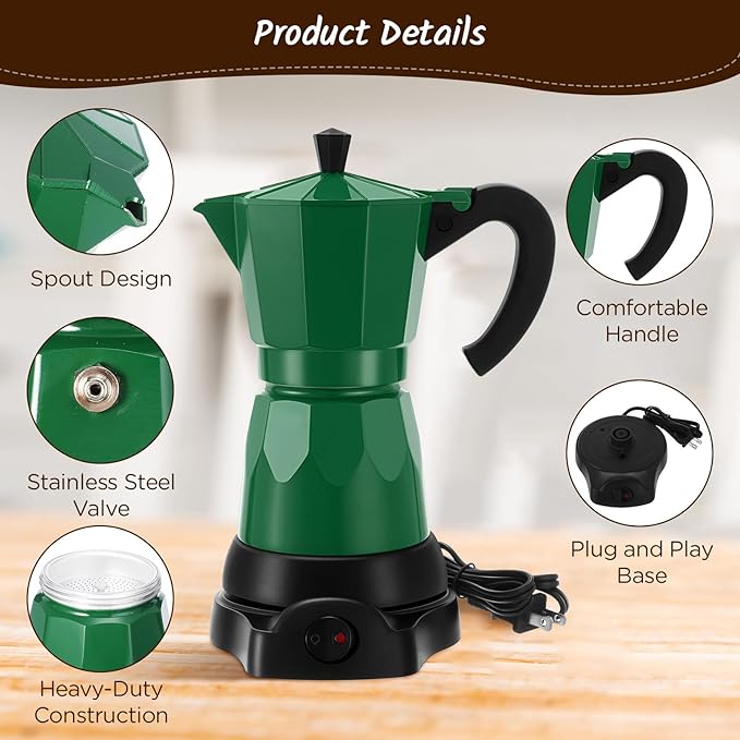 Coffee Pot 6 Cup Electric Espresso Coffee Maker Italian Moka Maker 300ml Portable Aluminum Espresso Machine Cafetera Moka Pot with Detachable Base, Gift for Home Travel(Dark Green)