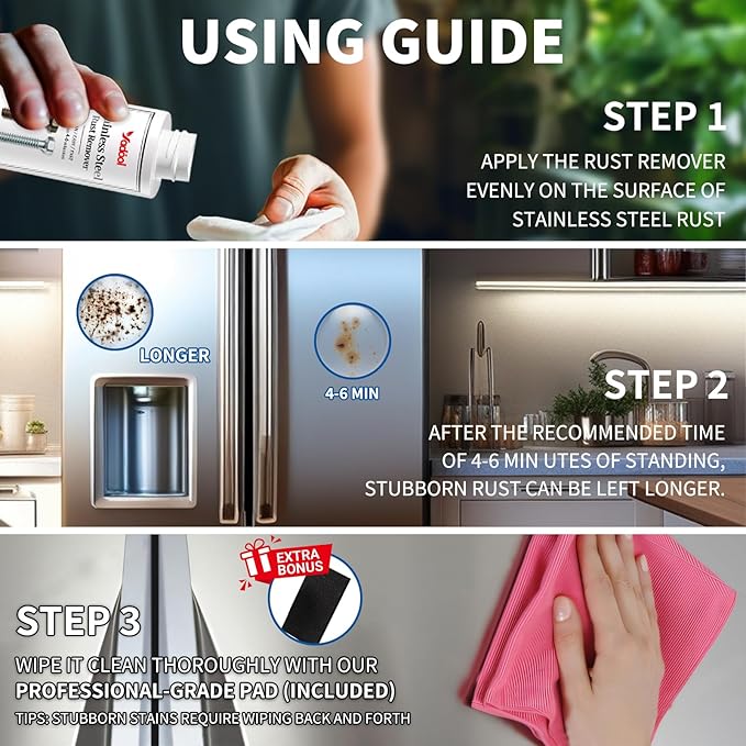 Stainless Steel Rust Stain Remover & Cleaner, Rust Spot Stain Remover for Stainless Steel Appliances and Furniture - Ideal for Grill, Fridge, Knife or Pan & more - 3.72 Fl Oz