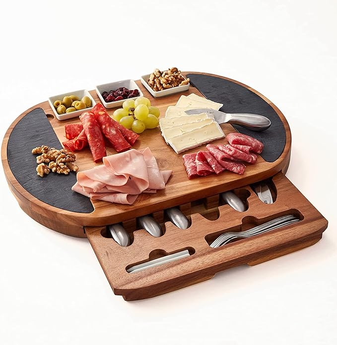 Premium Oval Charcuterie Board Cheese Board Set: Acacia Wood, Stainless Steel Knives - Christmas Gifts for Women, House Warming Ideas, New Home, Wedding presents for Couple, Bridal Shower
