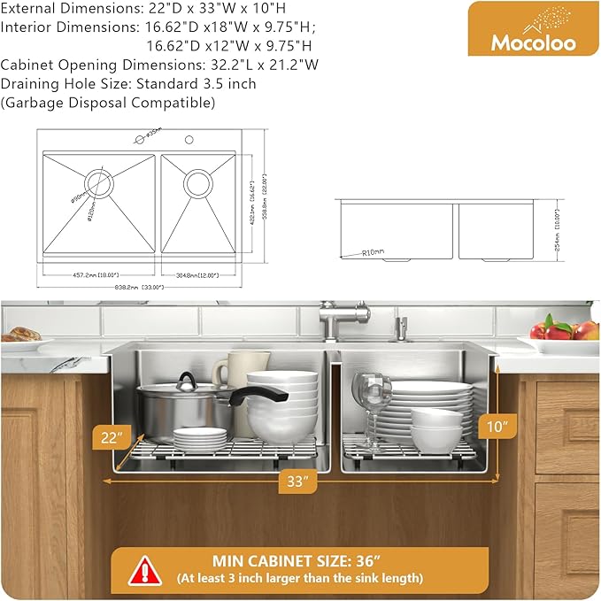 Mocoloo 33 Inch Drop In Kitchen Sink - 33 x 22 Drop In Double Bowl Kitchen Sink 16 Gauge 60/40 Topmount Stainless Steel Sinks Handmade, 33''x22''x10'' Above Counter with Offset Drainer