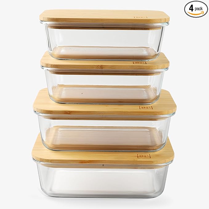 DE Glass Food Storage Containers with Bamboo Lids, (4, Pack 2 x 35oz & 2 x 51oz) Pack Meal Prep Glass Containers Safe for Microwave, Oven, Freezer and Dishwasher, BPA Free