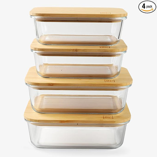 DE Glass Food Storage Containers with Bamboo Lids, (4, Pack 2 x 35oz & 2 x 51oz) Pack Meal Prep Glass Containers Safe for Microwave, Oven, Freezer and Dishwasher, BPA Free
