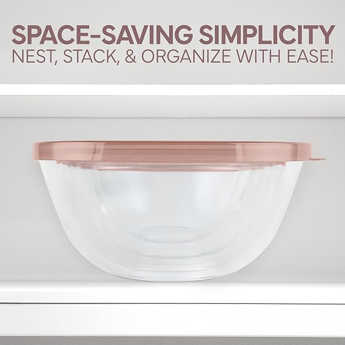 COOK WITH COLOR 12 Pc Glass Mixing Bowl Set with Lids – Borosilicate Glass Nesting Bowls for Cooking, Baking and Meal Prep, Pink