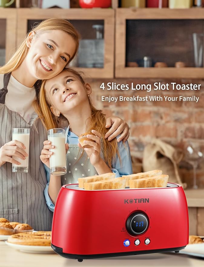 Toaster 4 Slice,KOTIAN Retro Long Slot Toasters with Countdown Timer,Stainless Steel Toaster,Bagel,Defrost,Reheat,Cancel Functions,Extra Wide Slots,6 Toast Settings,Removable Crumbs Tray,Red