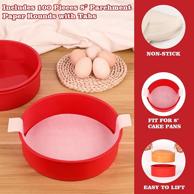 HUAKENER 8 Inch Round Cake Pan, 3 Pack Silicone Cake Molds with 100 Pieces Parchment Paper, Nonstick Cake Molds for Birthday Cakes, Layer Cakes, Cheese Caks, Chocolate Cakes