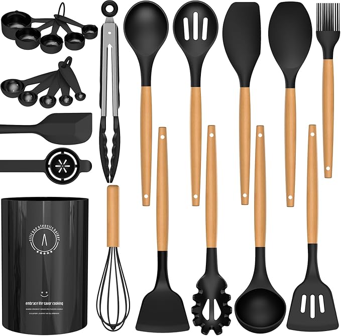 Silicone Cooking Utensils Set - Silicone Kitchen Utensils for Cooking Wooden Handles, 446°F Heat Resistant Kitchen Utensil Spatula Sets w Holder, Gadgets for Non-Stick Cookware BPA FREE (Black)