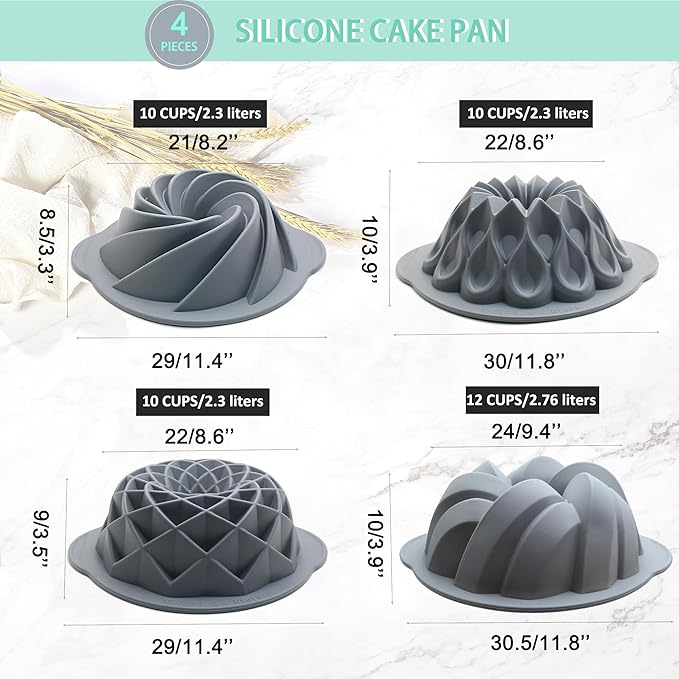 Tongjude 4 Pieces Silicone Fluted Cake Pans, 10/12 Cups Tube Baking Pan, Silicone Molds for Homemade Cake, Bread and Jello, Non-Stick, Grey