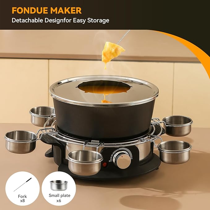 Electric Fondue Pot Set for Chocolate, 1300W Cheese Fondue Set with Multiple Fondue Pots with Adjustable Temperature, 8 Color-Code Fondue Forks, Serve 8 Persons (With 6 plate)