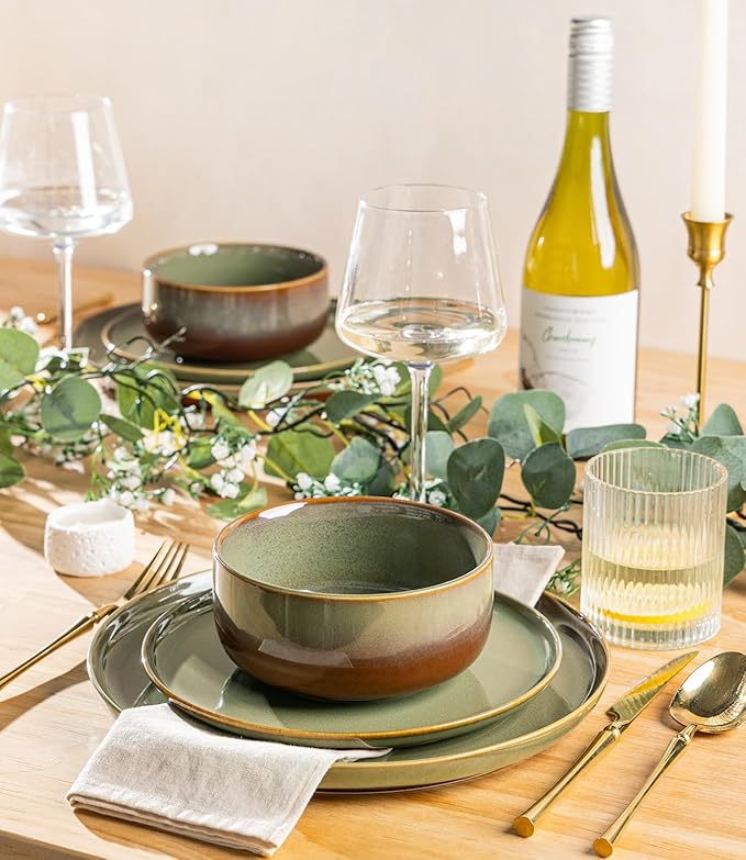 TheTerra Ceramic Dinnerware Sets for 4, 12 Pieces Handmade Reactive Glaze Plates and Bowls Set, Scratch Resistant Dish Set, Oven & Microwave & Dishwasher Safe, Brown Green