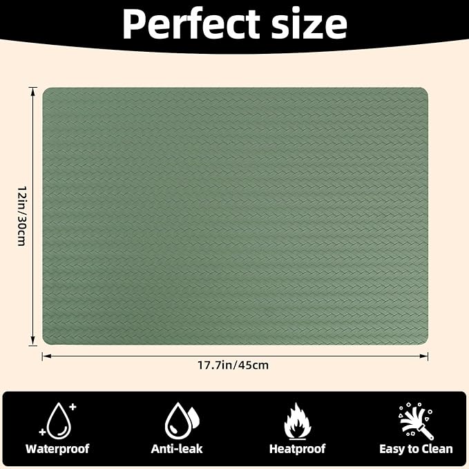 Vinyl Placemats Set of 6-12×17.7 Inch Waterproof & Heattable Placemats, Fall Faux Leather Wipeable Outdoor Table Mat for Dining, Kitchen, Indoor Outdoor Use (Sage Green, Cable Pattern)