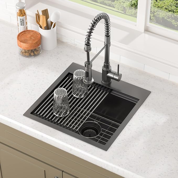Lordear Black Bar Sink 18 Inch Drop In Kitchen Sinks Topmount Pre Bar Sink 16 Gauge Stainless Steel Single Bowl 18x18x9 Inch RV Small Kitchen Sinks