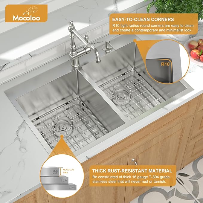 Mocoloo 33 Drop In Kitchen Sink Double Bowl 33 x 22 Drop Sink Double Bowl 50/50 T304 Stainless Steel 16 Gauge Topmount Handmade, 10 Inch Deep