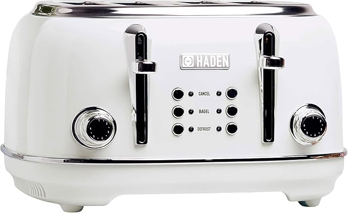 HADEN Heritage 4-Slice Toaster with Extra Wide Slots, 1500-Watt, Ivory & Chrome - Retro Stainless Steel Design with Self-Centering Function, Adjustable Browning Control & Removable Crumb Tray