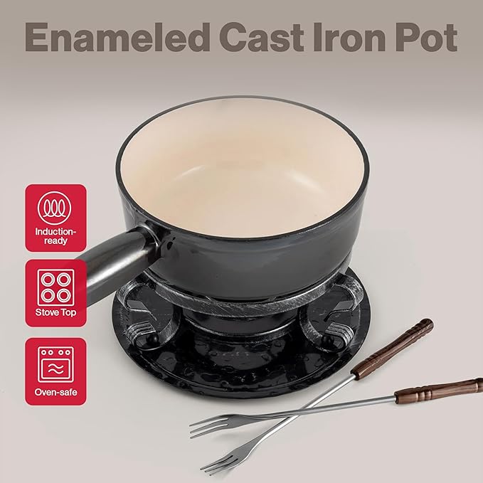 Swissmar Lugano Cast Iron Cheese Fondue Set, 9-Piece, 2 QT / 2 L - Ideal for Melting Cheese, Chocolates, Caramel, & More - Perfect for Kitchen Collection & Gift Giving - Metallic Black