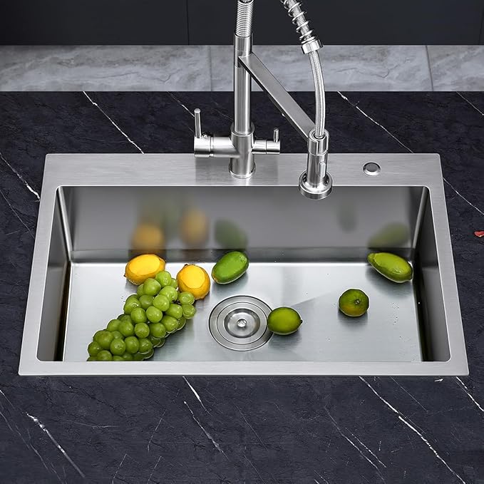 27 Inch Drop in Kitchen Sink with 2 Holes, 18 Gauge 304 Stainless Steel Topmount Single Bowl Handmade Kitchen Sink Brushed Nickel, D27" x W18" x H9"