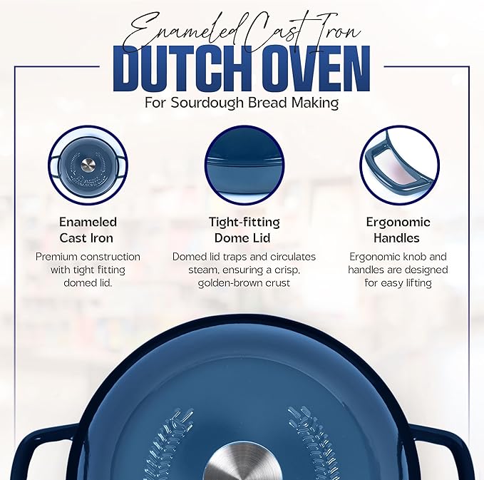 Enameled Cast Iron Dutch Oven Pot with Lid - Dutch Oven for Sourdough Bread Baking - With 5 Blade Bread Lame & Non-Stick Silicone Sling perfect for Sourdough Breads & more. Cast Iton Enamel Braiser Pan with Lid (BLUE, 6 Quart Sourdough Pot)