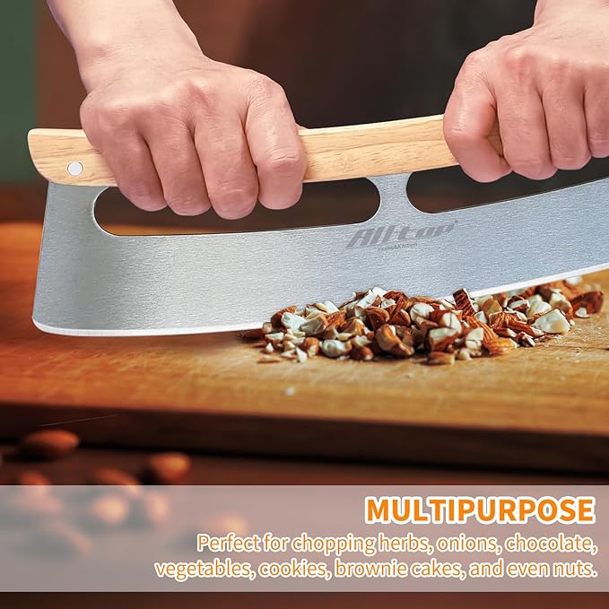 ALLTOP Pizza Cutter Rocker - High Performance Stainless Steel Slicer Blade with One-Piece Wooden Handle - Efficient and Durable Pizza Accessory - Perfect Kitchen Tool for Home Cooking and Restaurant