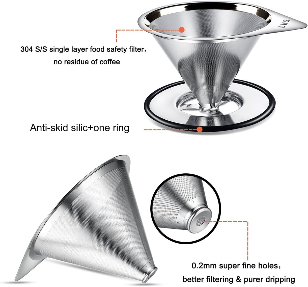 LHS Pour Over Coffee Dripper Stainless Steel Coffee Filter Metal Cone Filter Paperless Reusable Coffee Filter Single Cup Coffee Maker 1-4 Cup With Non-slip Cup Stand and Cleaning Brush