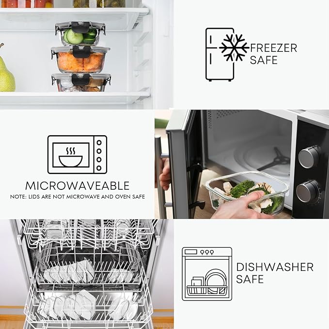 Razab 30 PC Glass Food Storage Containers with Lids - Reusable Glass Meal Prep Containers for Lunch and Leftovers - Airtight & Leakproof Snap Locking Lids - Oven, Freezer, Microwave, Dishwasher Safe