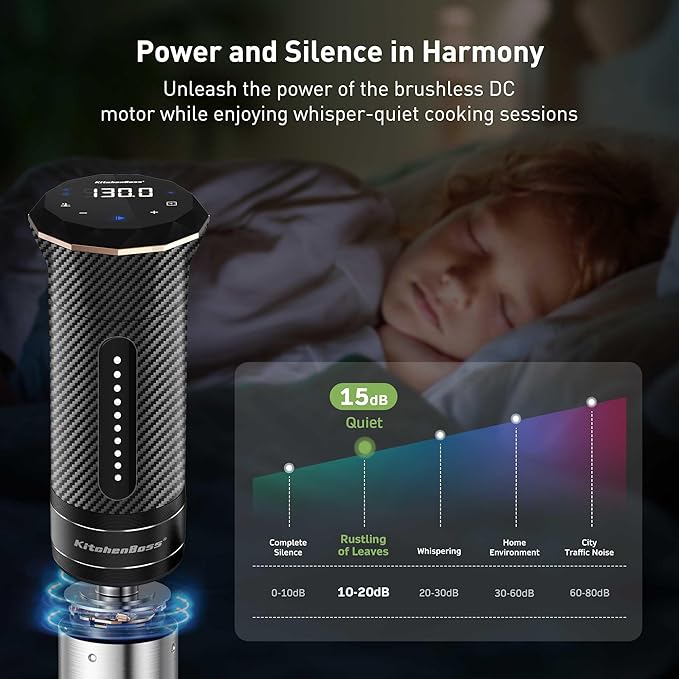 KitchenBoss Wifi Sous Vide Cooker: Ultra-quiet Sous Vide Machine Immersion Circulator APP Control, IPX7 Waterproof All-stainless Steel 1100W Sous Vide Precision Cooker Fast-Heating, Carbon Black