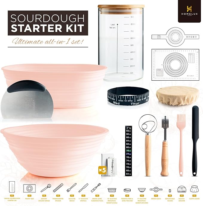 Sourdough Starter Kit, 14pcs Bread Making Kit & Sourdough Bread Baking Supplies Kit, Banneton Basket Kit for Sourdough Proofing with Bread Baking bowl for Artisan Breads (Pink) by HOMELUX THEORY