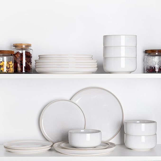 TheTerra Ceramic Dinnerware Sets for 4, 12 Pieces Handmade Reactive Glaze Plates and Bowls Set, Scratch Resistant Dish Set, Oven & Microwave & Dishwasher Safe, Star White