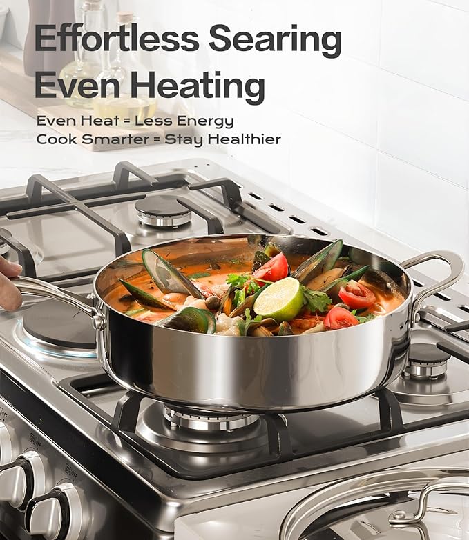 12 Inch Stainless Steel Frying Pan with Lid, Tri-ply Stainless Steel Saute Pan 5.5 QT, PFOA & PTFE Free Induction Compatible Cooking Skillet, Dishwasher & Oven Safe Up to 600℉ Large Capacity Cookware