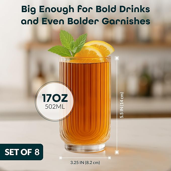 Glaver's Drinking Glasses Set of 8. 17oz Vintage Drinking Cups. Ripple Cocktail Glasses, Ribbed Drinking Highball Glass Cups. Arch Designed Art Deco Glassware for Water Juice Coffee. Package may Vary