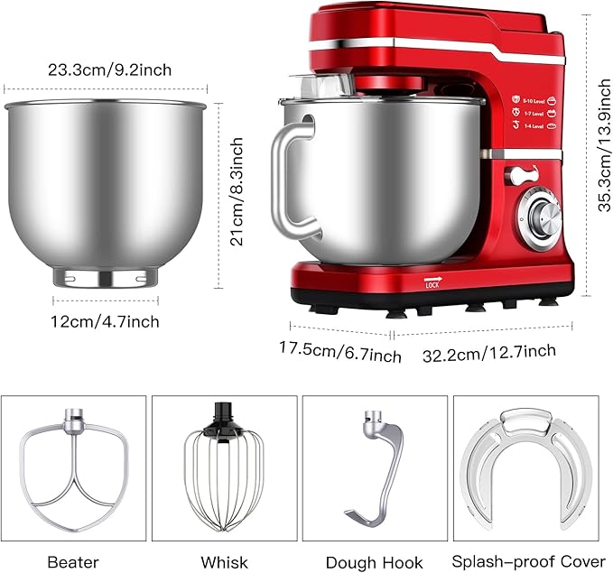 Garvee 7.5QT Stand Food Mixer, 10-Speed Tilt Head 3-IN-1 Kitchen Electric Mixer with Stainless Steel Bowl, Egg Whisk, Dough Hook, Beater, Splash Guard, Compact Dough Mixer for Home Cooks, Red