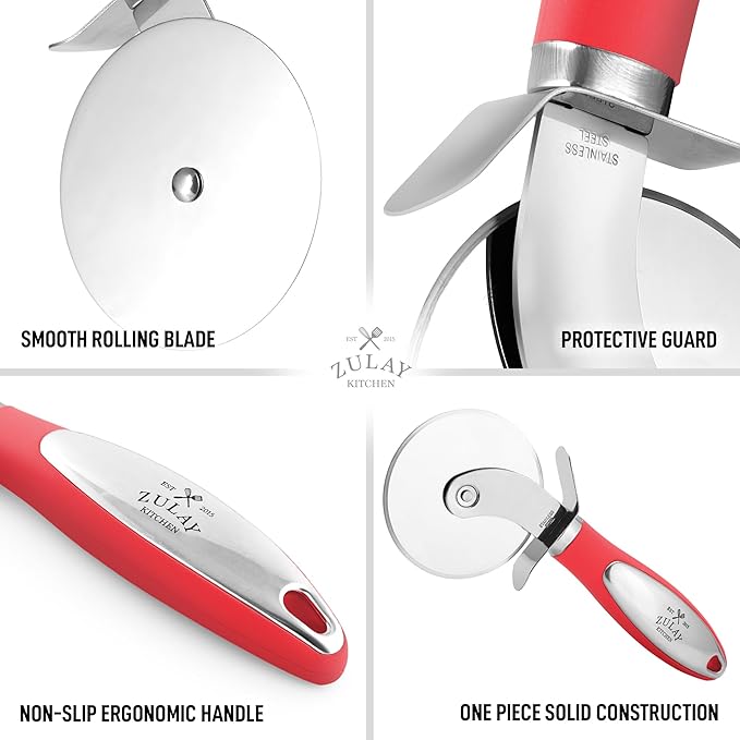 Zulay Kitchen Large Pizza Cutter Wheel - Premium Stainless Steel Pizza Slicer - Easy To Clean & Cut Pizza Wheel - Super Sharp, Non-Slip Handle & Dishwasher Friendly - Red