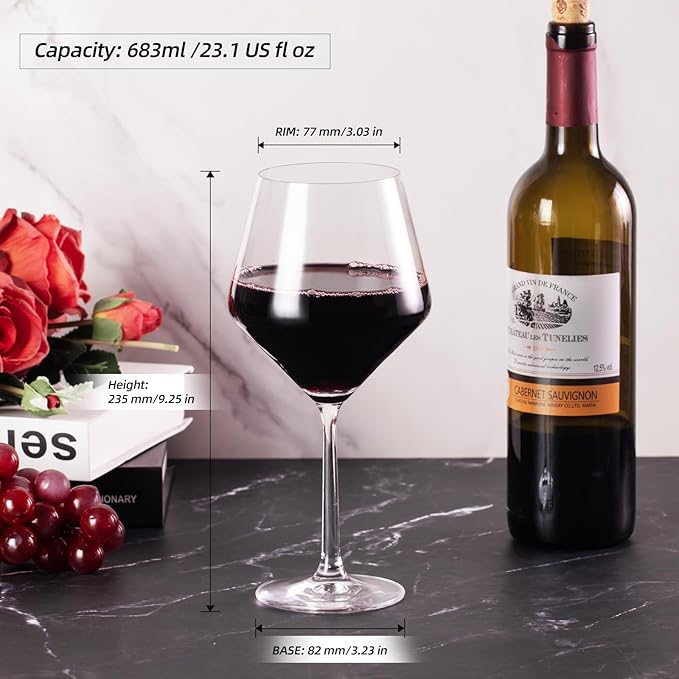 KAMMAK Wine Glasses Set of 2, 23 oz Hand Blown Crystal Bordeaux Wine Glasses, Thin Rim & Long Stem, Perfect for Red & White, Daily Use, Wedding Anniversary or Birthday Gift with Gift Box, S83BG68