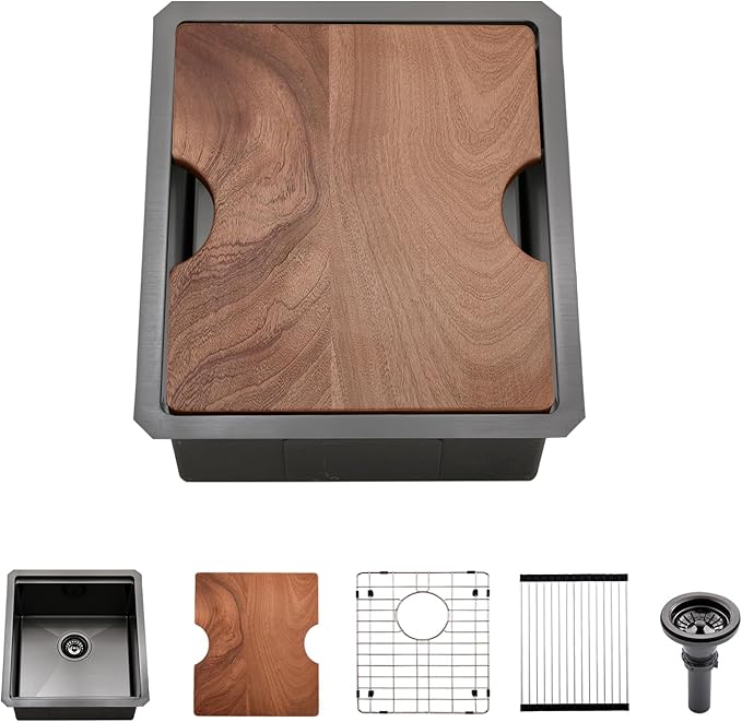 Black Undermount Bar Sink, 12 x 15 Inch Black Stainless Steel Undermount Small Basin Wet Bar Single Bowl RV Kitchen Sink with Cutting Board