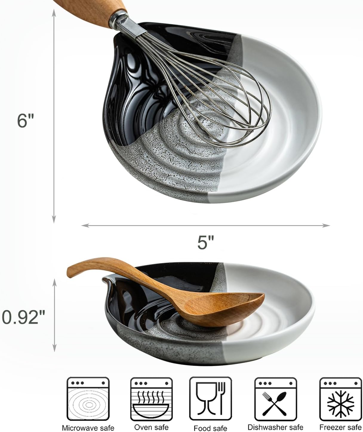 Large Ceramic Spoon Rest for Stove Top & Kitchen Counter, Heat-Resistant Spoon Holder for Cooking Utensils, Spatula & Ladles, Nonstick, Dishwasher Safe, Cute Design, Gradient Black