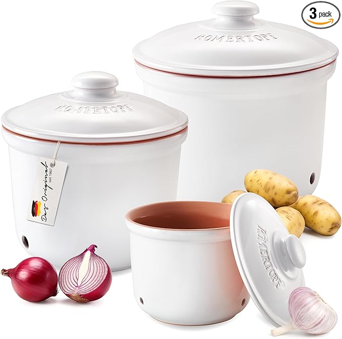 Romertopf Freshness Storage Potato Onion Garlic Clay Pot Set of 3 with Lids - White