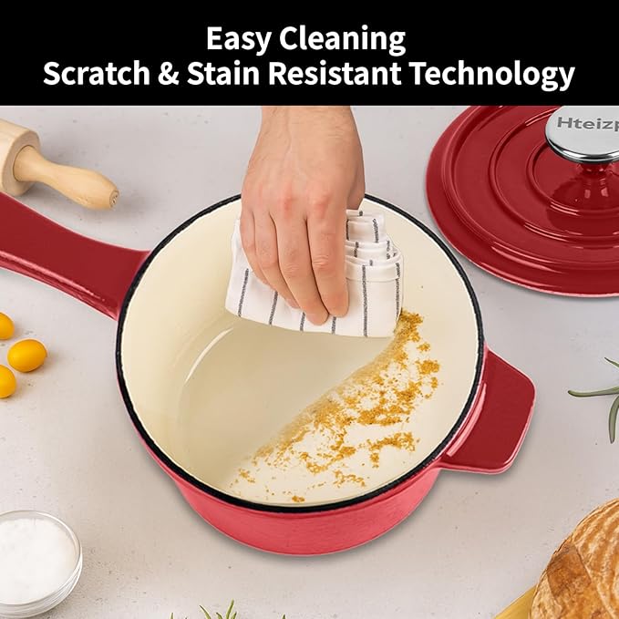 Enameled Cast Iron Sauce Pan with Lid, 1.7 Quart Saucepan with Lid, Small Dutch Oven Pot, Suitable for Small Portions of Soup, Sauces, Oatmeal, Red