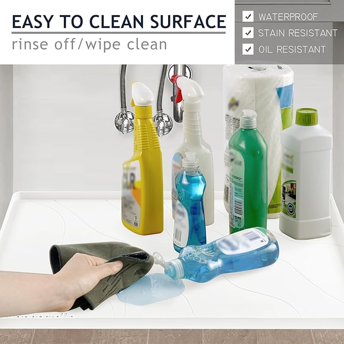 Heavy Duty Silicone Under Sink Mats for Kitchen Waterproof 37" x 19", Extra Thick Under Sink Rubber Mat Drip Tray, Raised Edge Under Sink Liner,Prevent Drips, Leaks, Spills,White