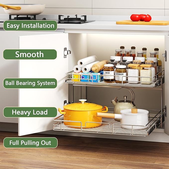 2 Tier Individual Pull Out Cabinet Organizer 28½" W x 21½" D, Heavy Duty Cabinet Pull Out Shelves, Slide Out Drawers Organization for Kitchen Cabinets Bathroom