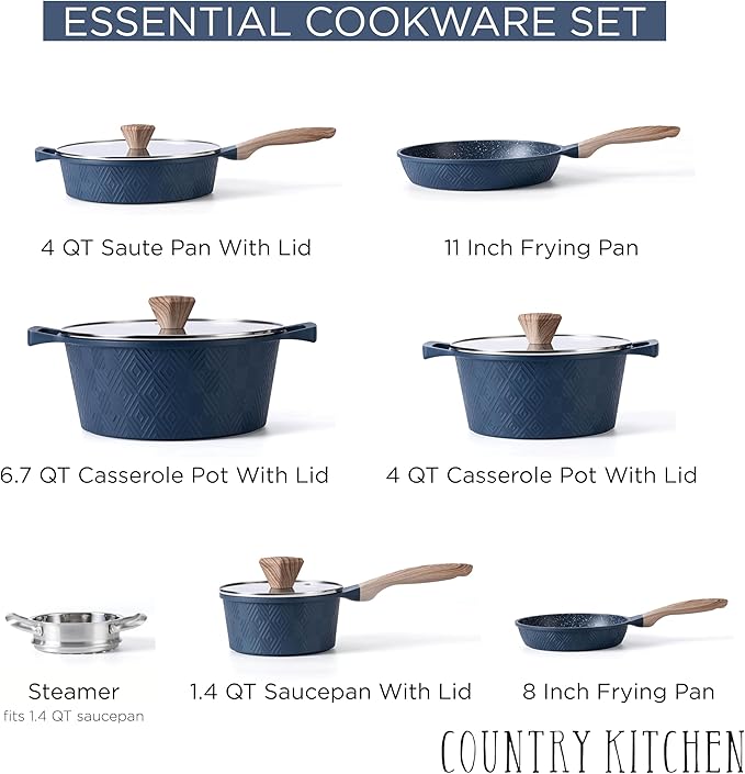 Country Kitchen Non-Stick Cast Aluminum Cookware Set - Durable Kitchen Cookware for Everyday Cooking, Navy, 11 Pc.