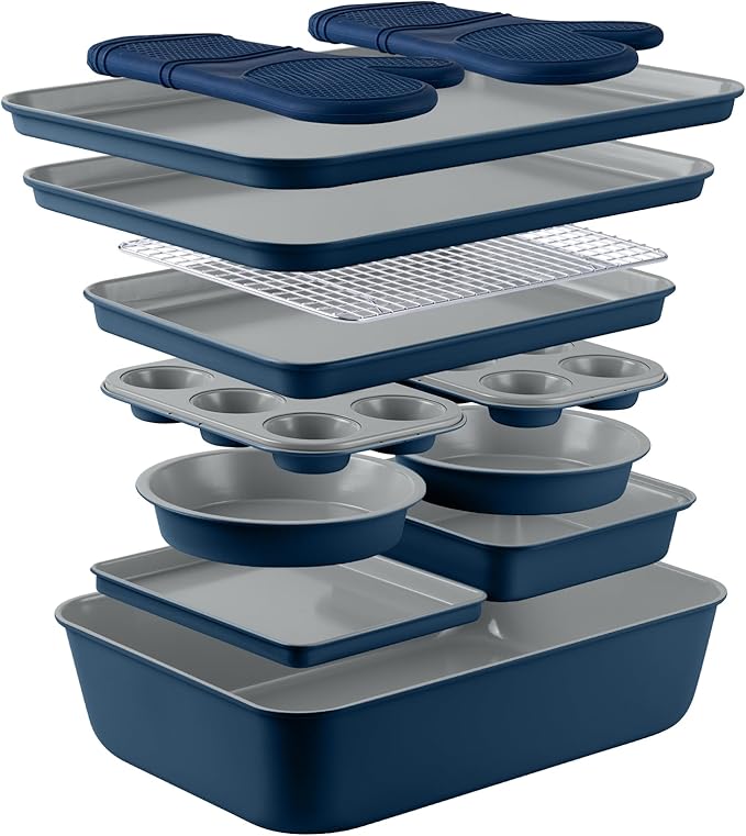 Country Kitchen Nonstick Stackable Bakeware Set - Durable, Easy Release Baking Set, Denim, 13 Pcs
