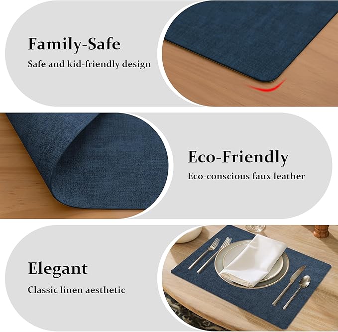 FROMHEART Faux Leather Placemats Set of 6–Waterproof,Heat/Oil Stain-Resistant PU Table Mat–Reversible,Non-Slip,Easy to Clean Place Mats for Kitchen,Dining,Indoor/Outdoor,(Dark Blue,11.8" x 17")