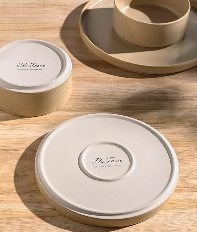 TheTerra Ceramic Dinnerware Sets for 6, 18 Pieces Handmade Reactive Glaze Plates and Bowls Set, Scratch Resistant Dish Set, Oven & Microwave & Dishwasher Safe, Ivory Cream