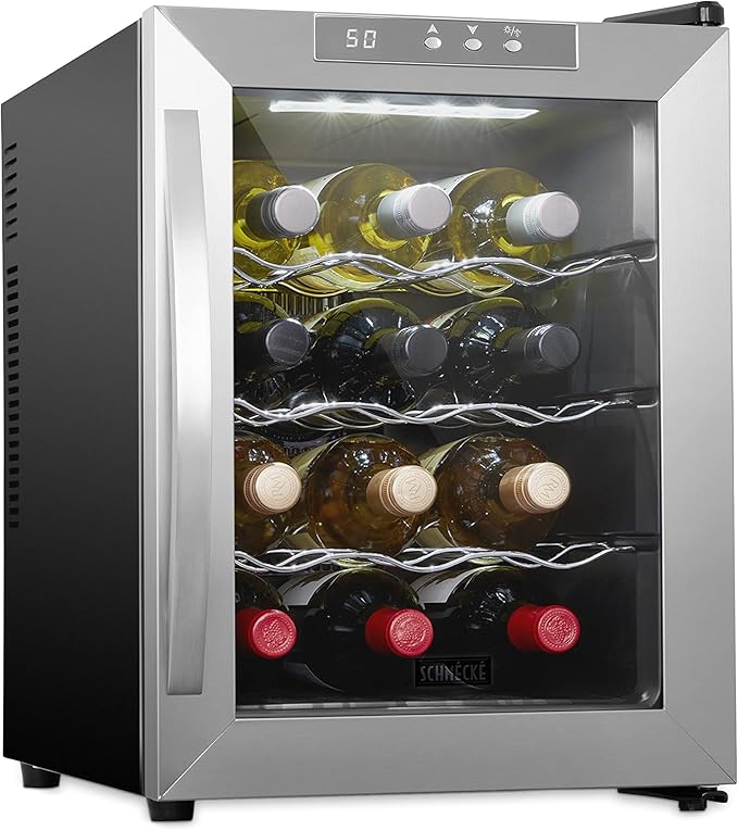 Schmécké 12 Bottle Thermoelectric Wine Cooler/Chiller - Stainless Steel - Counter Top Red & White Wine Cellar w/Digital Temperature, Freestanding Refrigerator Smoked Glass Door Quiet Operation Fridge