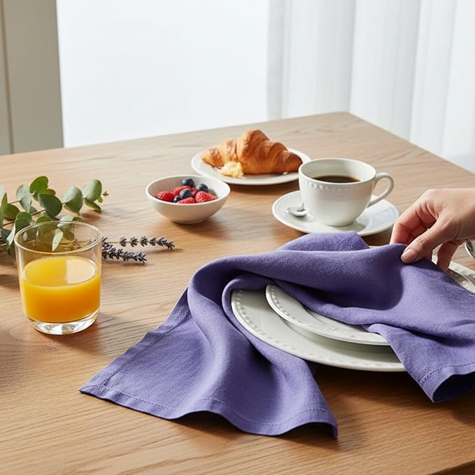 Hemstitched Linen Napkins – 20 Inch x 20 Inch – Stonewashed Pure Linen Cloth Dinner Napkins with Mitered Corners - 100% French Flax – Machine Washable - Set of 4 (Dusty Pastel Purple)