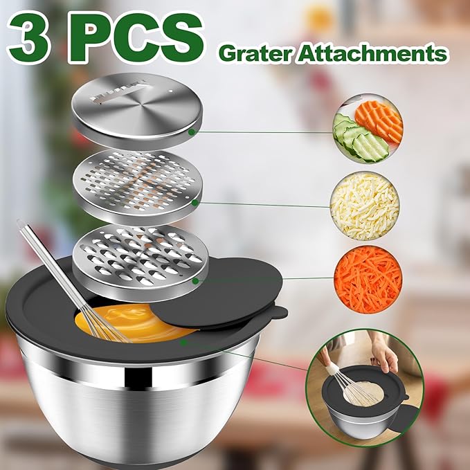 Mixing Bowls with Lids Set - 16pcs Stainless Steel Mixing Bowl Set with Colander, 3 Grater Attachments, Non-Slip Bottom, Metal Nesting Bowls with Strainer for Mixing & Serving - Black