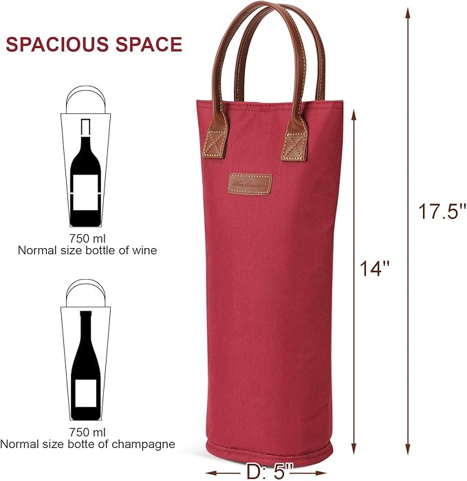 Single Bottle Insulated Wine Tote, 1 Bottle Wine Carrier Bag Padded Wine Cooler Perfect Wine Lover's or Wedding Gift-Red