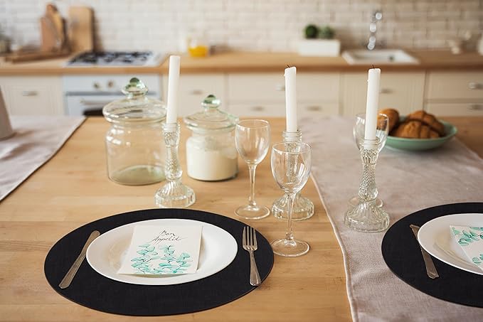 homing Round Faux Leather Placemat and Coaster 6 Packs, Washable Heat Resistant Dining Place Mats, Wipeable Double-Sided Table Mats for Indoor and Outdoor, Diameter 13 and 3.93 inch, Black