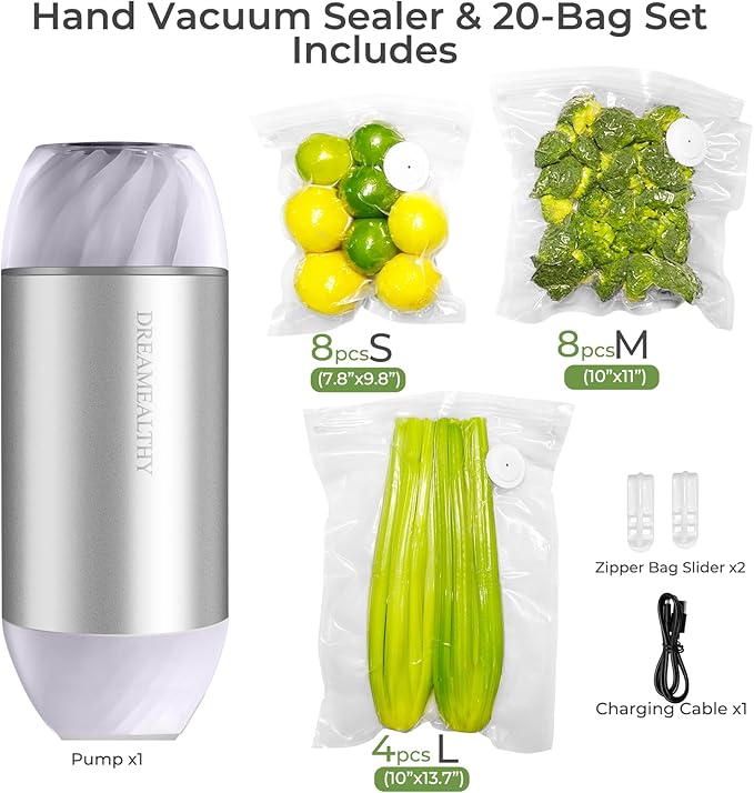 Auto Handheld Vacuum Sealer for Food with 10 Reusable Vacuum Seal Bags(4 Small, 4 Medium, 2 Extra-long), One-Touch Sealing, BPA-Free, Upgraded Sturdy Air Valve, Sous Vide Bag